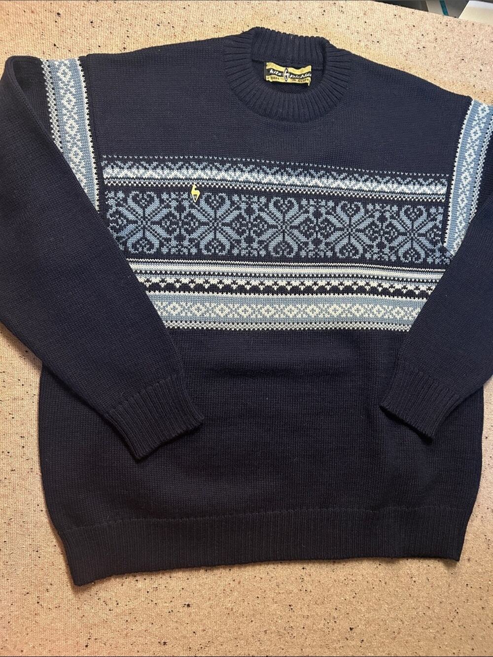 Kitz Pichler Vintage Wool Navy Fair Isle Crewneck Sweater XL 54 Unisex